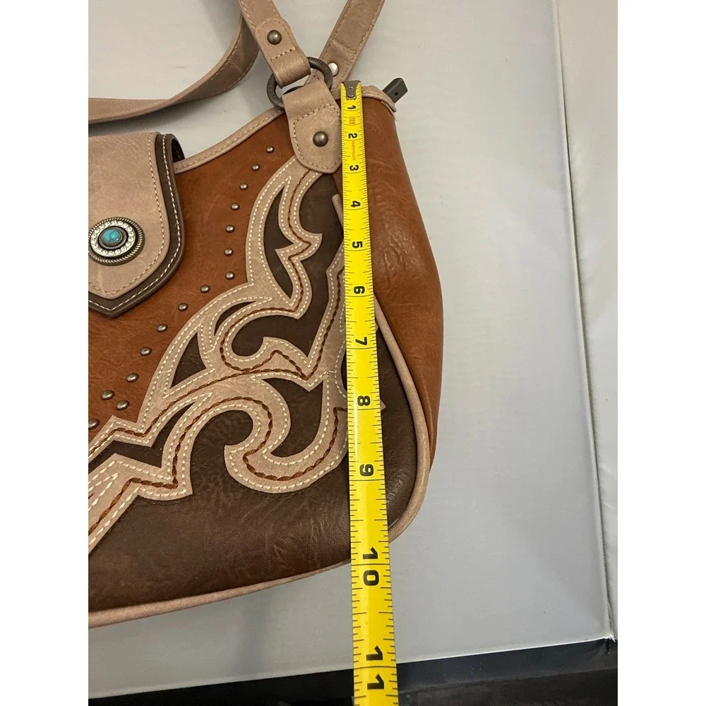Montana West Western Tooled Shoulder Bag Tote Brown Tan Turquoise Concho Large